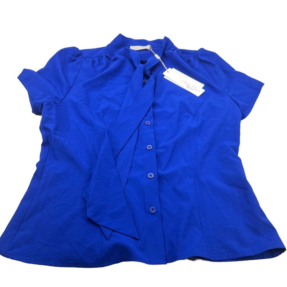 Belle Poque Women's Size Medium Blouse Short Sleeve Button Up Blue New With Tags